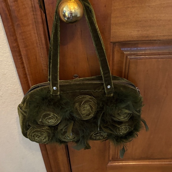 Francesca's Collections Handbags - Francesca's Collections Olive Green Velvet & Floral Shoulder Bag